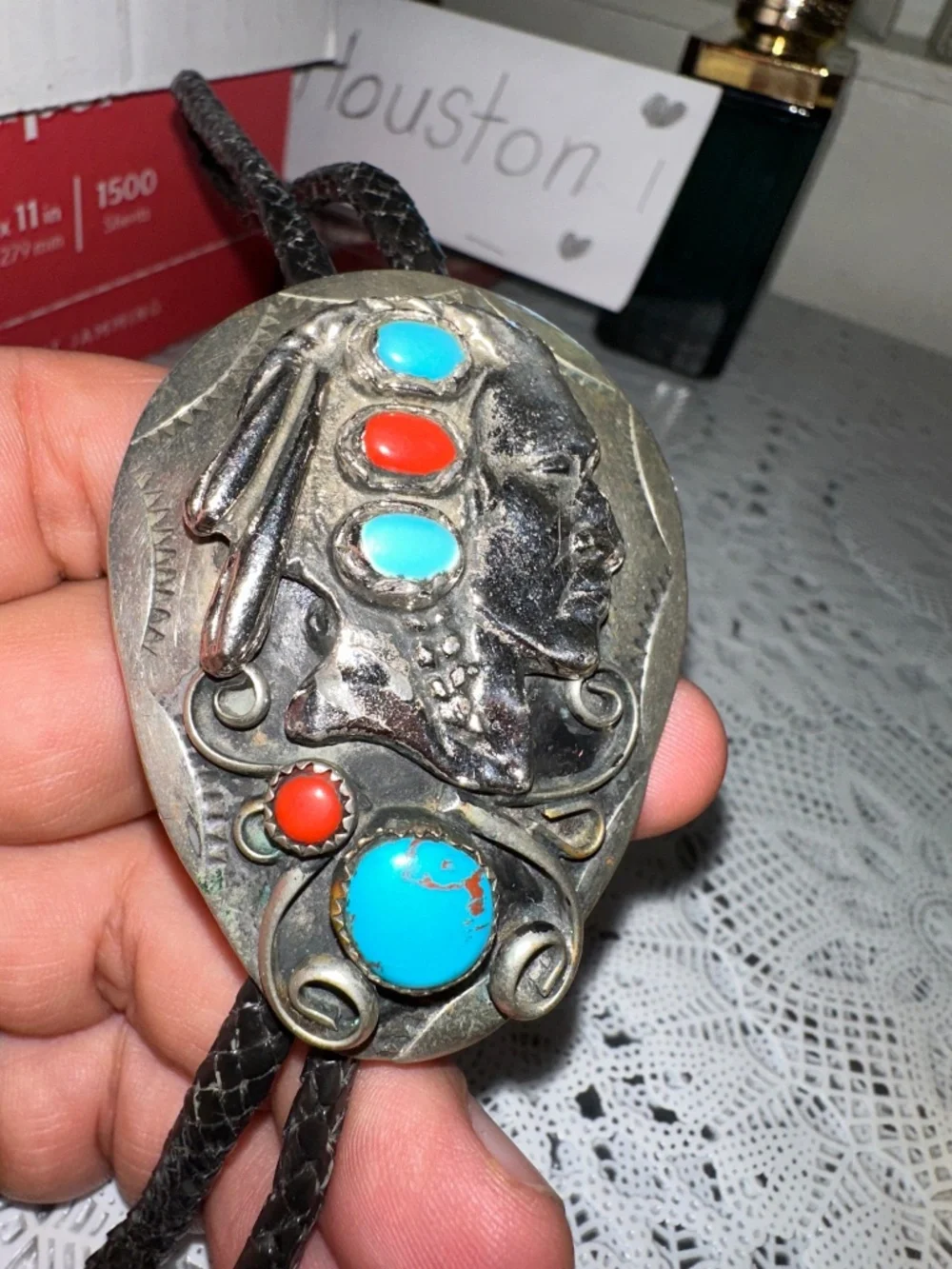 Vintage Oversized Native American Silver Turquoise & Coral Bolo Tie